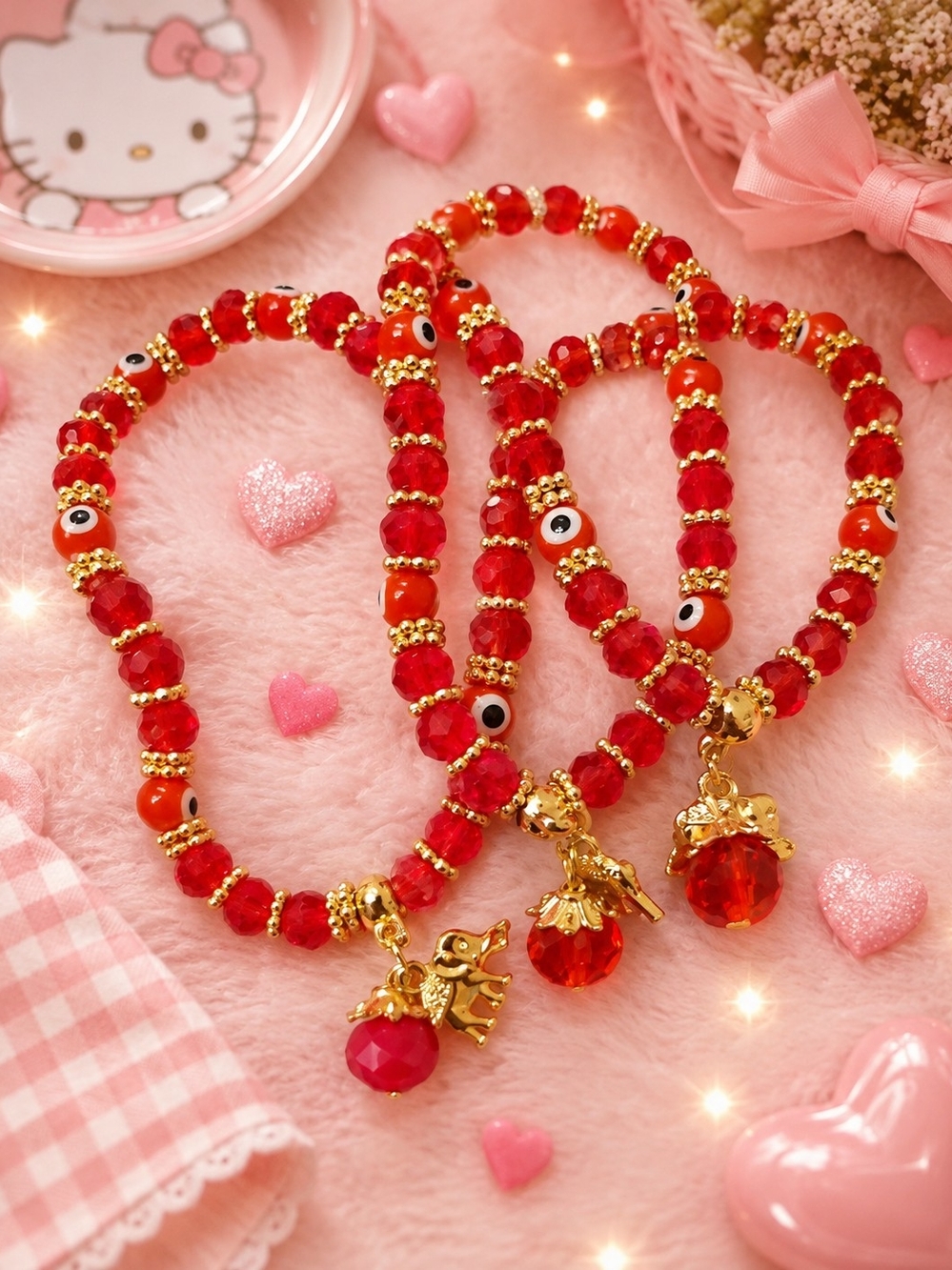 3 Gold-Accent Red Beaded Charm Bracelet - Women Jewelry Elephant Charm